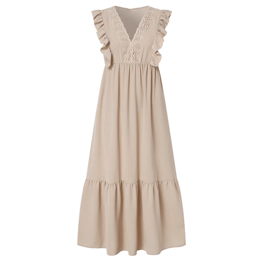 Boho V neck Ruffle Sleeve Solid Maxi Dress - Picture 7 of 10